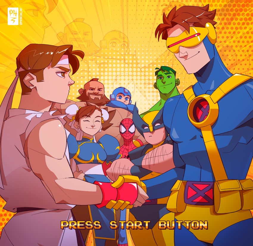 chun-li, ryu, wolverine, spider-man, mega man, and 3 more (street fighter and 6 more) drawn by phfreitas_art