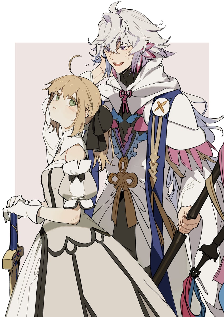 artoria pendragon, saber lily, and merlin (fate and 1 more) drawn by zhibuji_loom