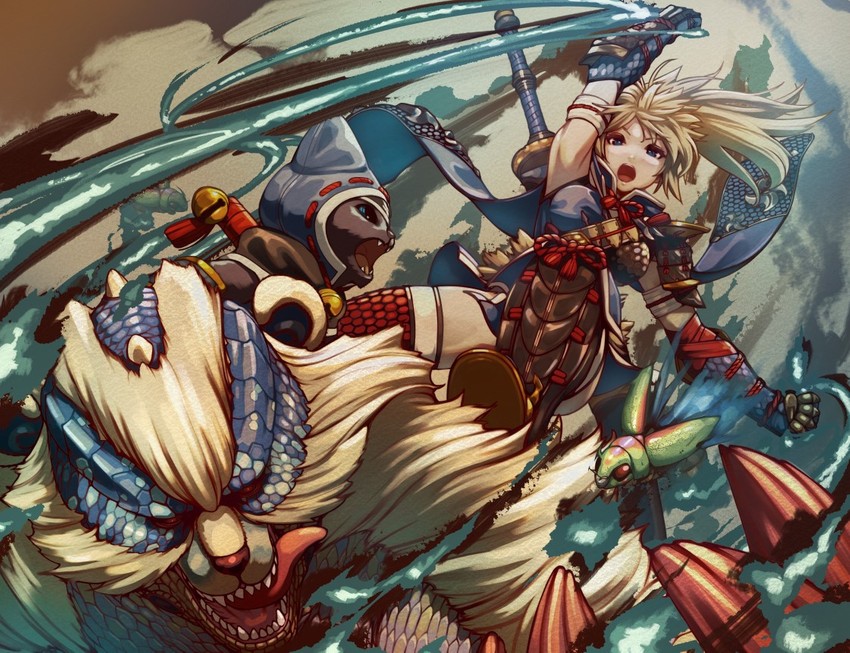 monster hunter, player palico, and arzuros (monster hunter and 1 more) drawn by kanrinin_(gyfp4747)