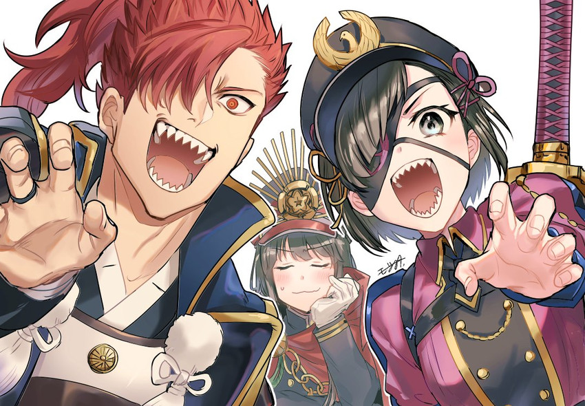 oda nobunaga, mori nagayoshi, and mysterious ranmaru x (fate and 1 more) drawn by mozu_suka