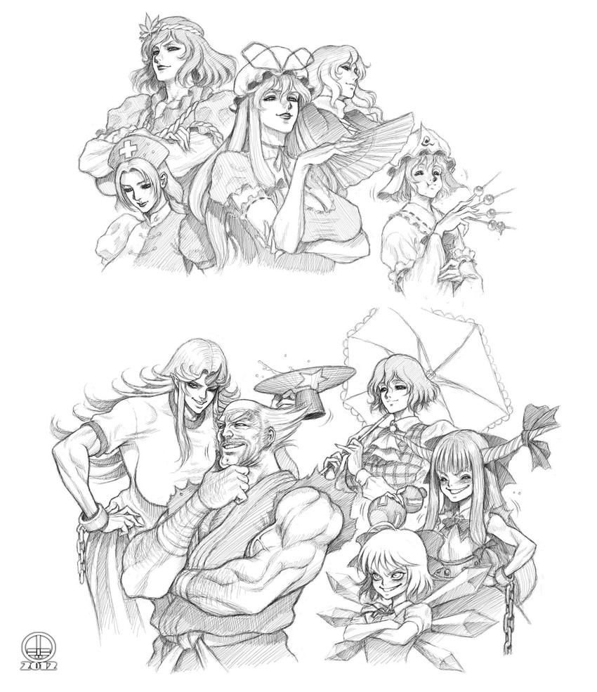 cirno, yakumo yukari, saigyouji yuyuko, kazami yuuka, ibuki suika, and 5 more (touhou and 1 more) drawn by dairoku_tenma