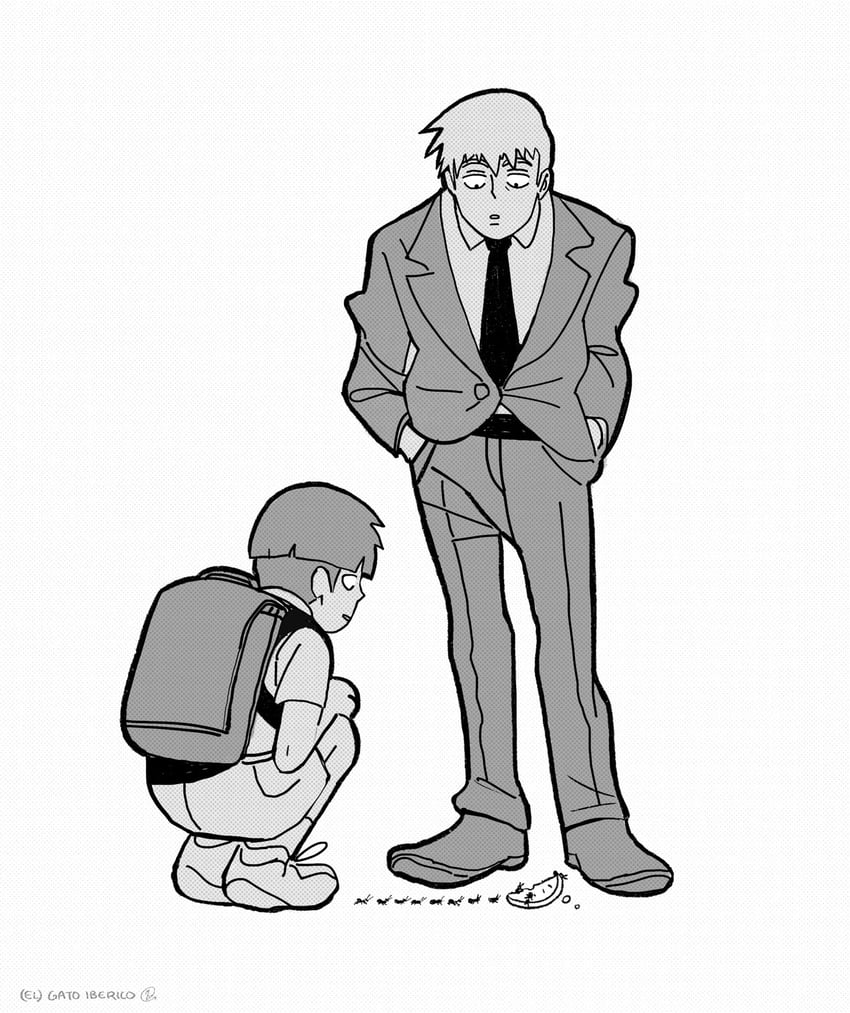 kageyama shigeo and reigen arataka (mob psycho 100) drawn by gatoiberico