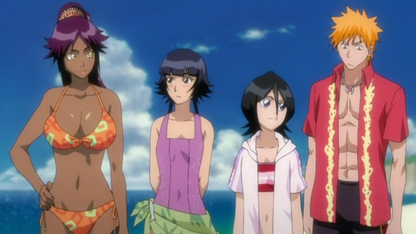 kuchiki rukia, shihouin yoruichi, kurosaki ichigo, and sui-feng (bleach)