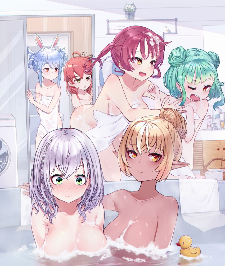 houshou marine, usada pekora, sakura miko, shirogane noel, shiranui flare, and 1 more (hololive) drawn by lajiang