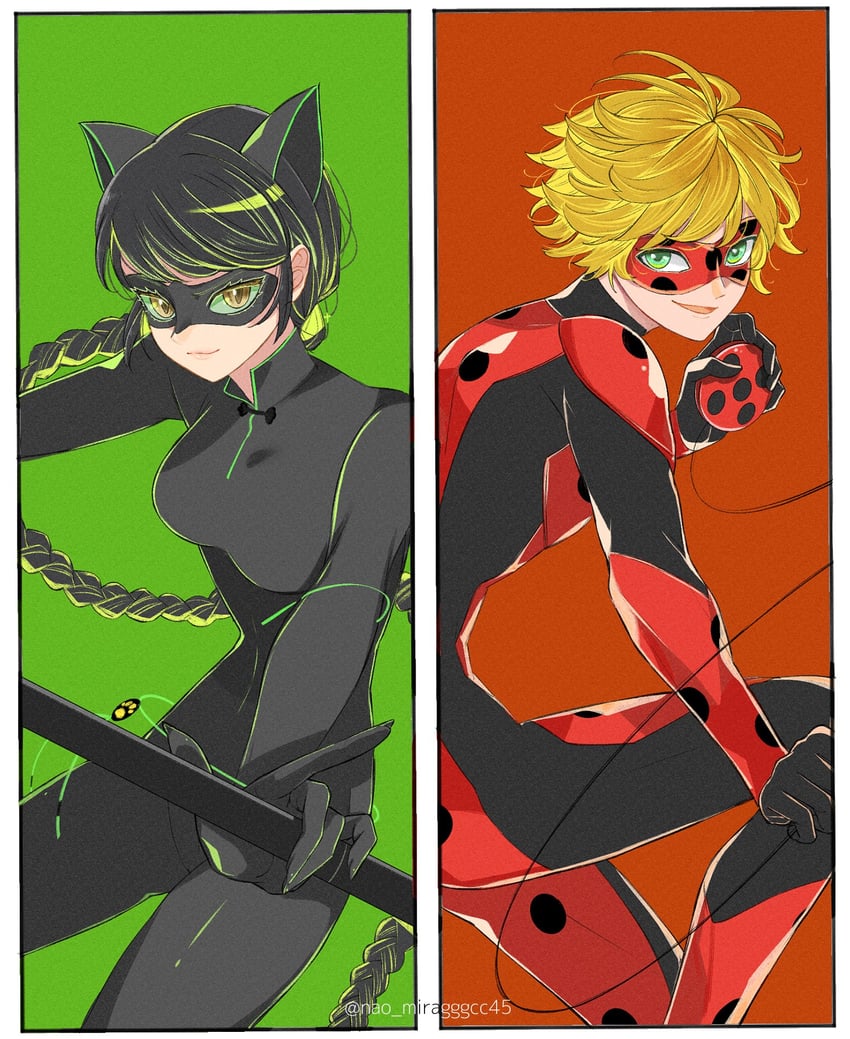 marinette dupain-cheng, adrien agreste, lady noir, and misterbug (miraculous ladybug) drawn by seio_(nao_miragggcc45)