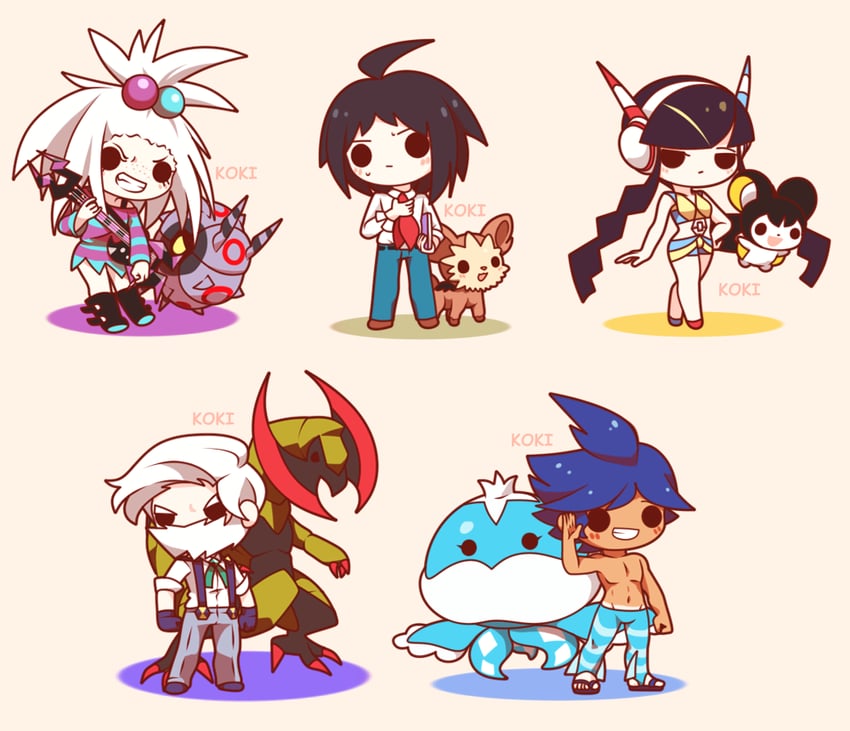elesa, cheren, roxie, emolga, haxorus, and 5 more (pokemon and 2 more) drawn by koki_arts