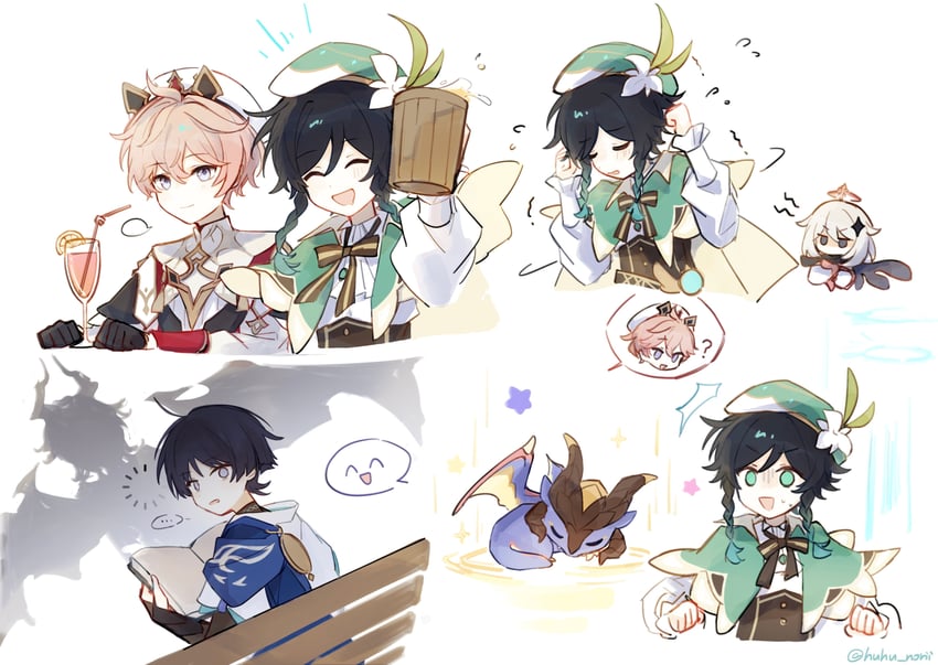 venti, paimon, mini durin, and dahlia (genshin impact) drawn by huhu_norii