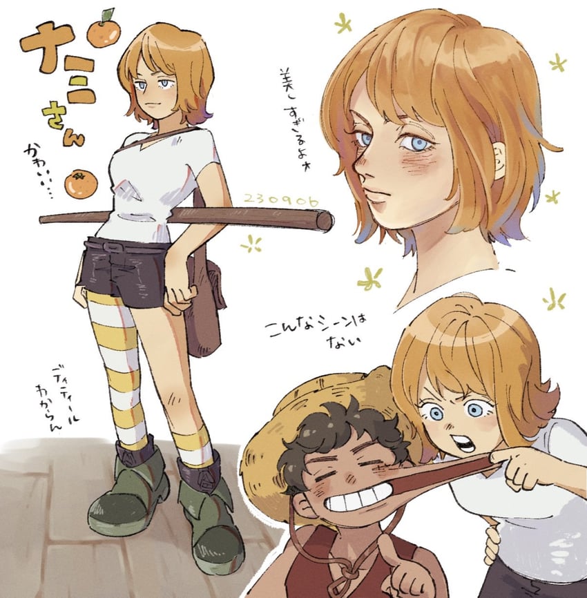 nami and monkey d. luffy (one piece) drawn by tamaki26j