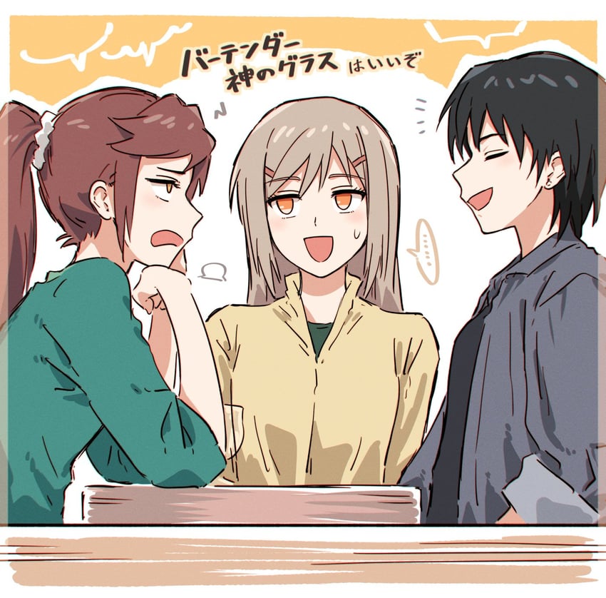 kurushima miwa, kawakami kyouko, and kinjou yuri (bartender) drawn by bullfalk