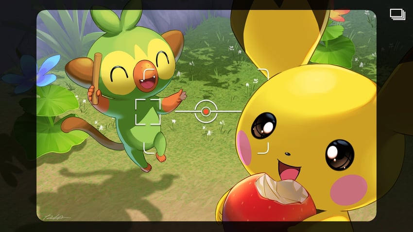 pichu and grookey (pokemon and 1 more) drawn by iria_(yumeirokingyo)