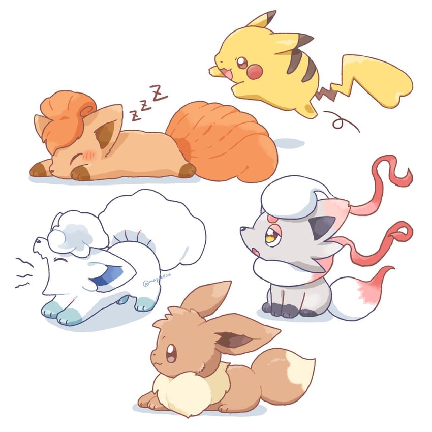 pikachu, eevee, alolan vulpix, vulpix, and hisuian zorua (pokemon) drawn by kana_(maple926)