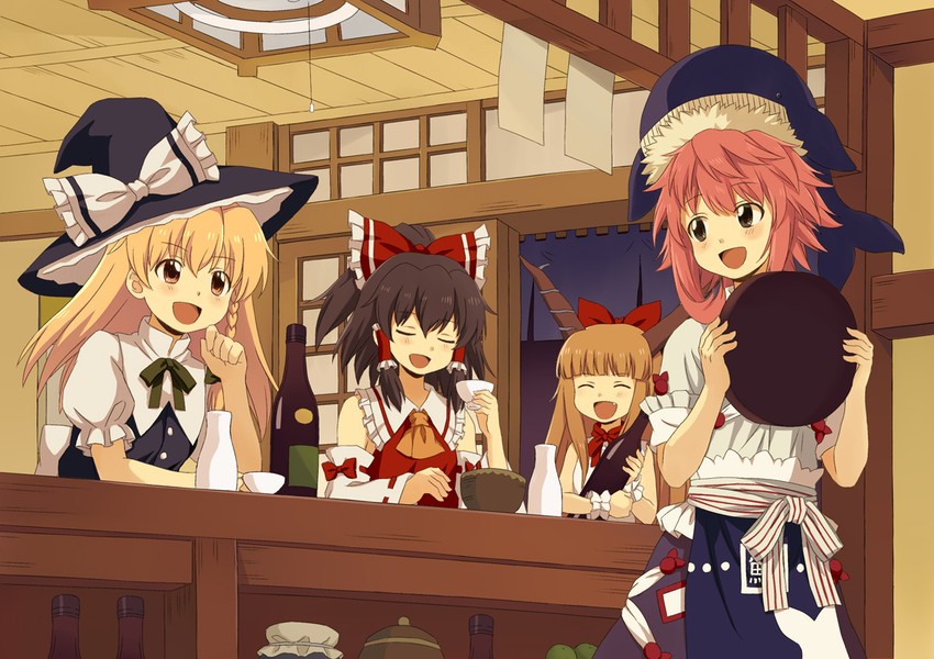hakurei reimu, kirisame marisa, ibuki suika, and okunoda miyoi (touhou) drawn by renzaoshen