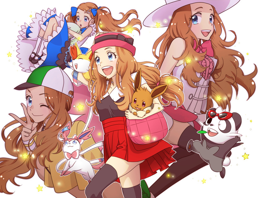 eevee, serena, sylveon, fennekin, and pancham (pokemon and 1 more) drawn by sekai_no_tama-chan