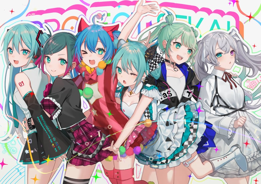 hatsune miku, 25-ji miku, wonderlands x showtime miku, vivid bad squad miku, leo/need miku, and 1 more (vocaloid and 1 more) drawn by daimaou_ruaeru