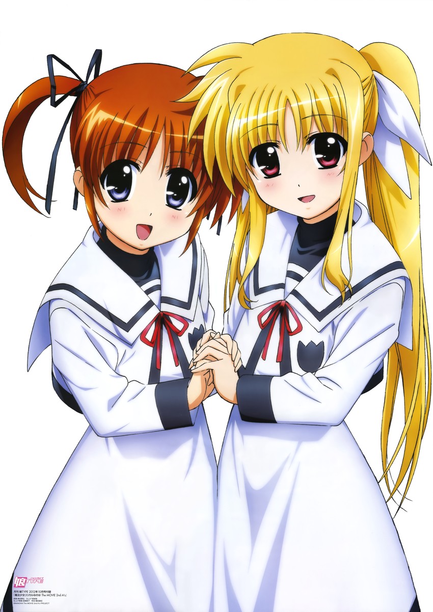 fate testarossa and takamachi nanoha (lyrical nanoha and 3 more) drawn by okuda_yasuhiro