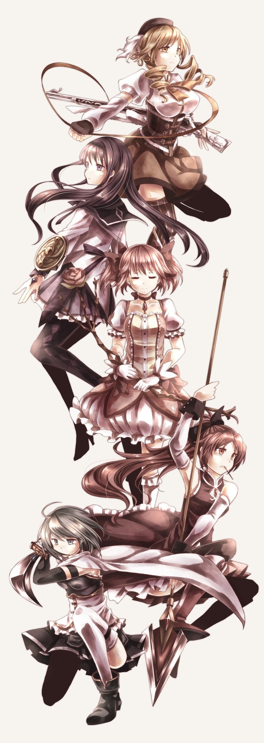 akemi homura, kaname madoka, miki sayaka, sakura kyoko, and tomoe mami (mahou shoujo madoka magica) drawn by namuko