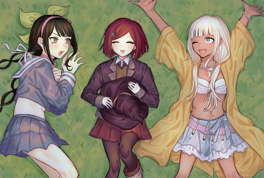 yumeno himiko, yonaga angie, and chabashira tenko (danganronpa and 1 more) drawn by shimazu.