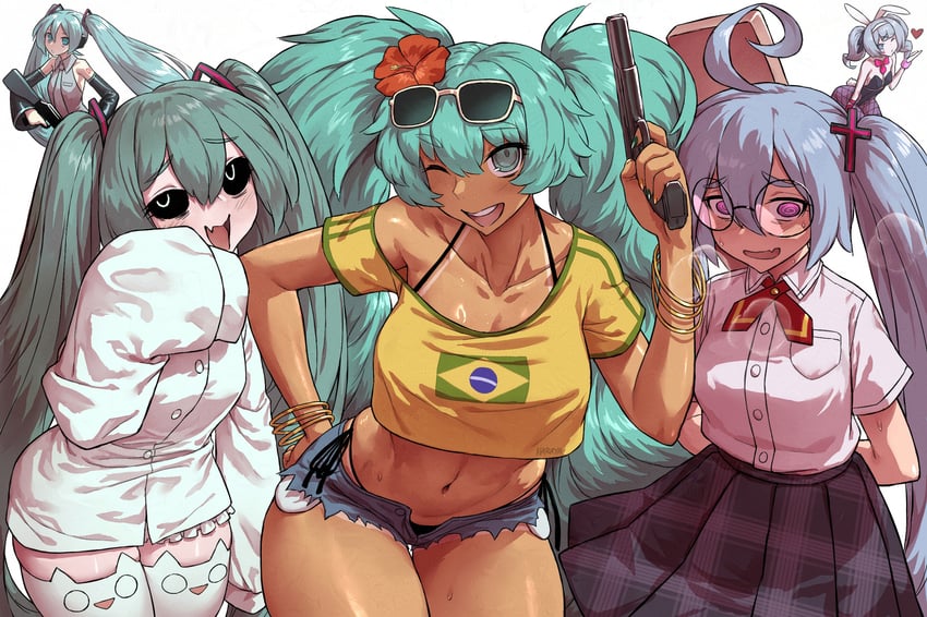 hatsune miku and brazilian miku (vocaloid and 3 more) drawn by haraya_manawari