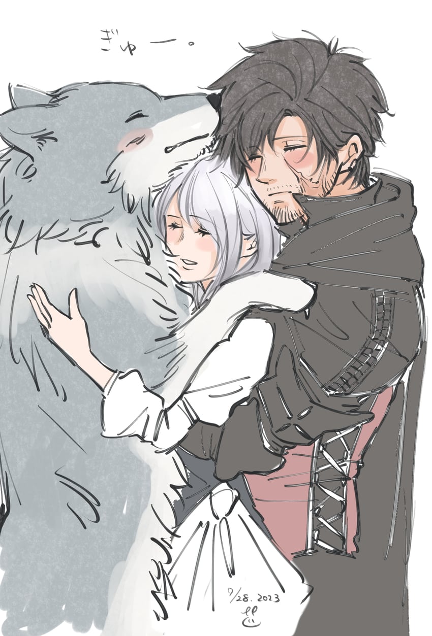 clive rosfield, jill warrick, and torgal (final fantasy and 1 more) drawn by emonekaku