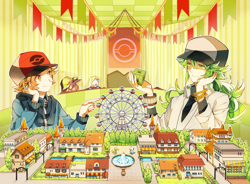 hilbert, n, oshawott, snivy, and tepig (pokemon and 1 more) drawn by fushitasu