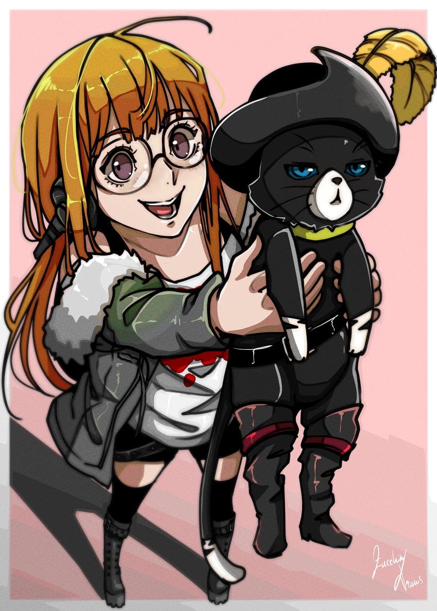 sakura futaba, morgana, and puss in boots (persona and 3 more) drawn by zucchinidraws