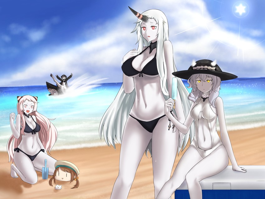 wo-class aircraft carrier, seaport princess, re-class battleship, airfield princess, error musume, and 1 more (kantai collection) drawn by hakuduki18