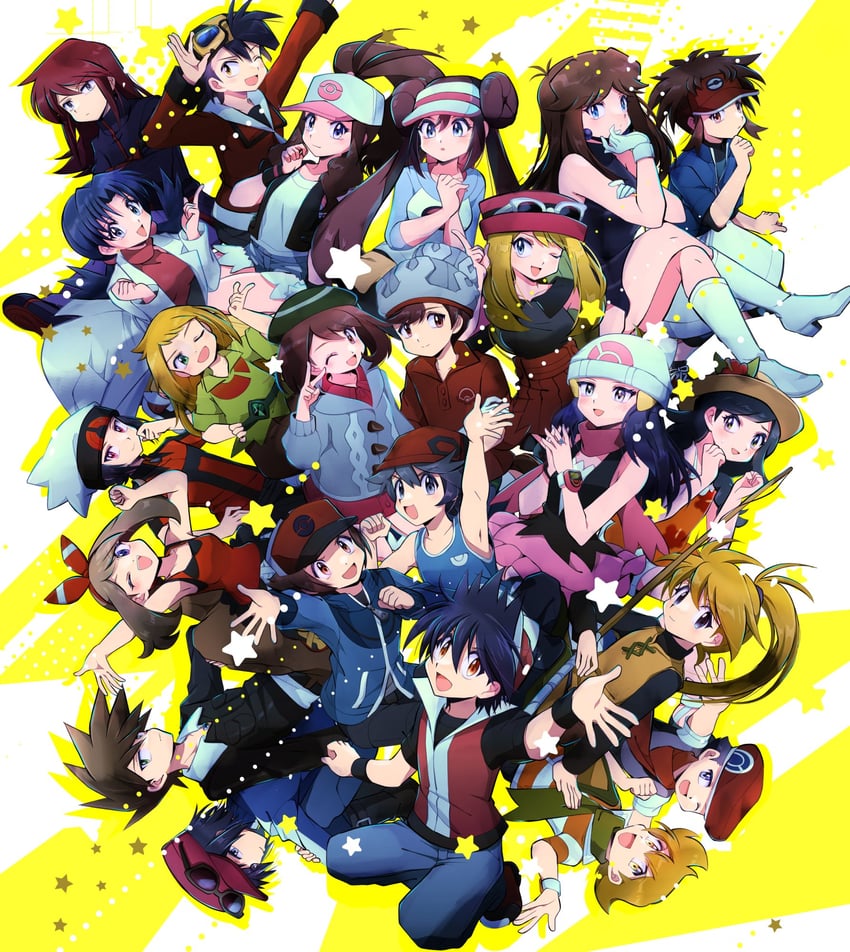 dawn, may, rosa, hilda, gloria, and 18 more (pokemon and 1 more) drawn by ayateaori