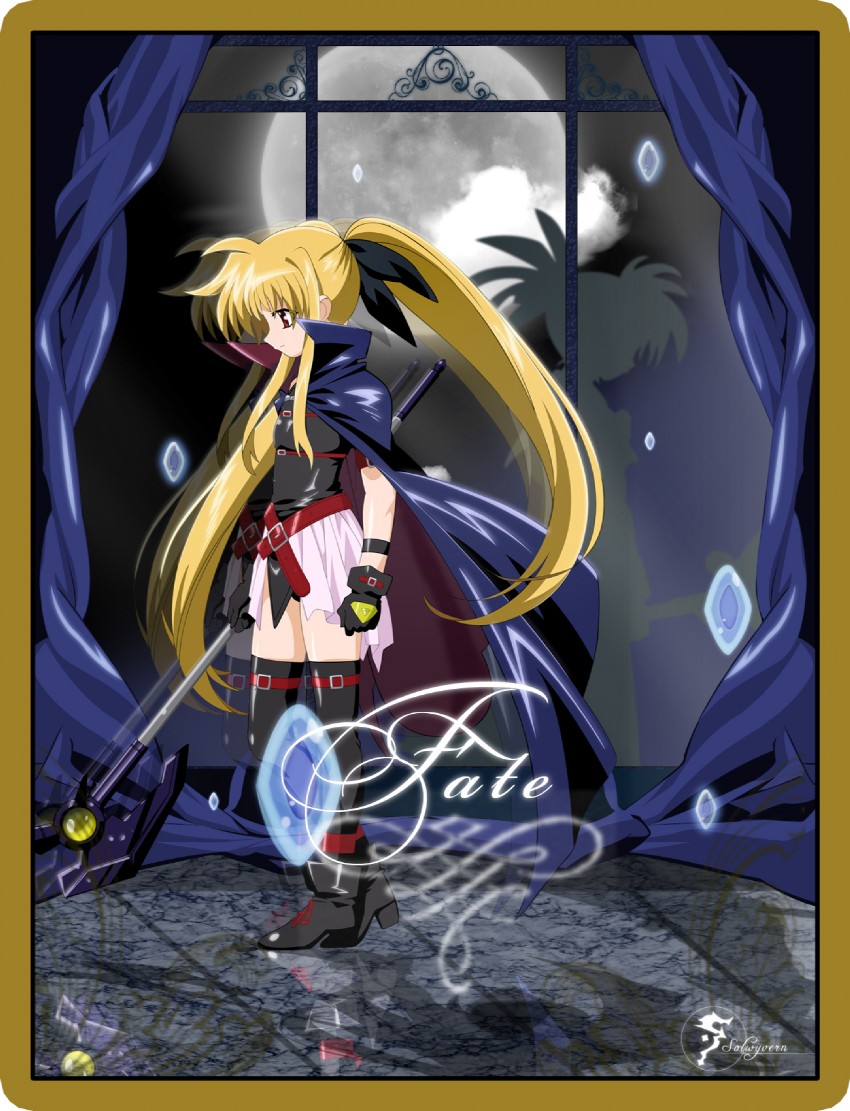 fate testarossa, takamachi nanoha, raising heart, and bardiche (lyrical nanoha and 1 more) drawn by solwyvern