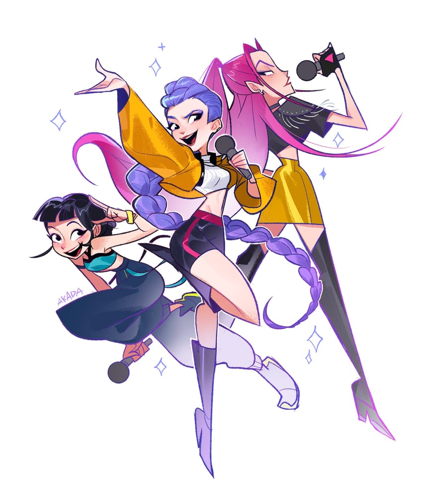 rumi, zoey, and mira (kpop demon hunters) drawn by akada