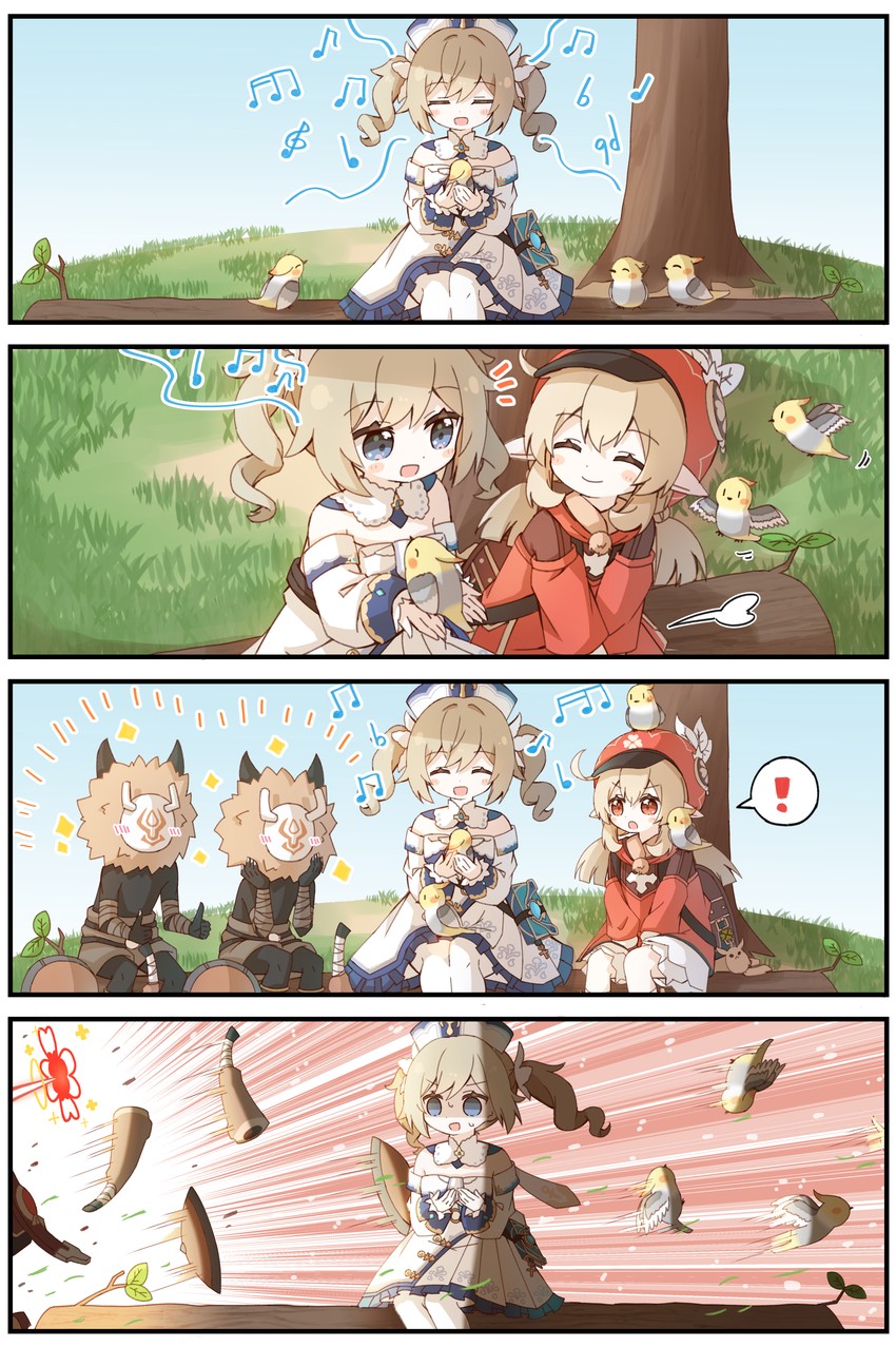 klee, barbara, dodoco, and hilichurl (genshin impact) drawn by yoshinao_(yoshinao_0203)