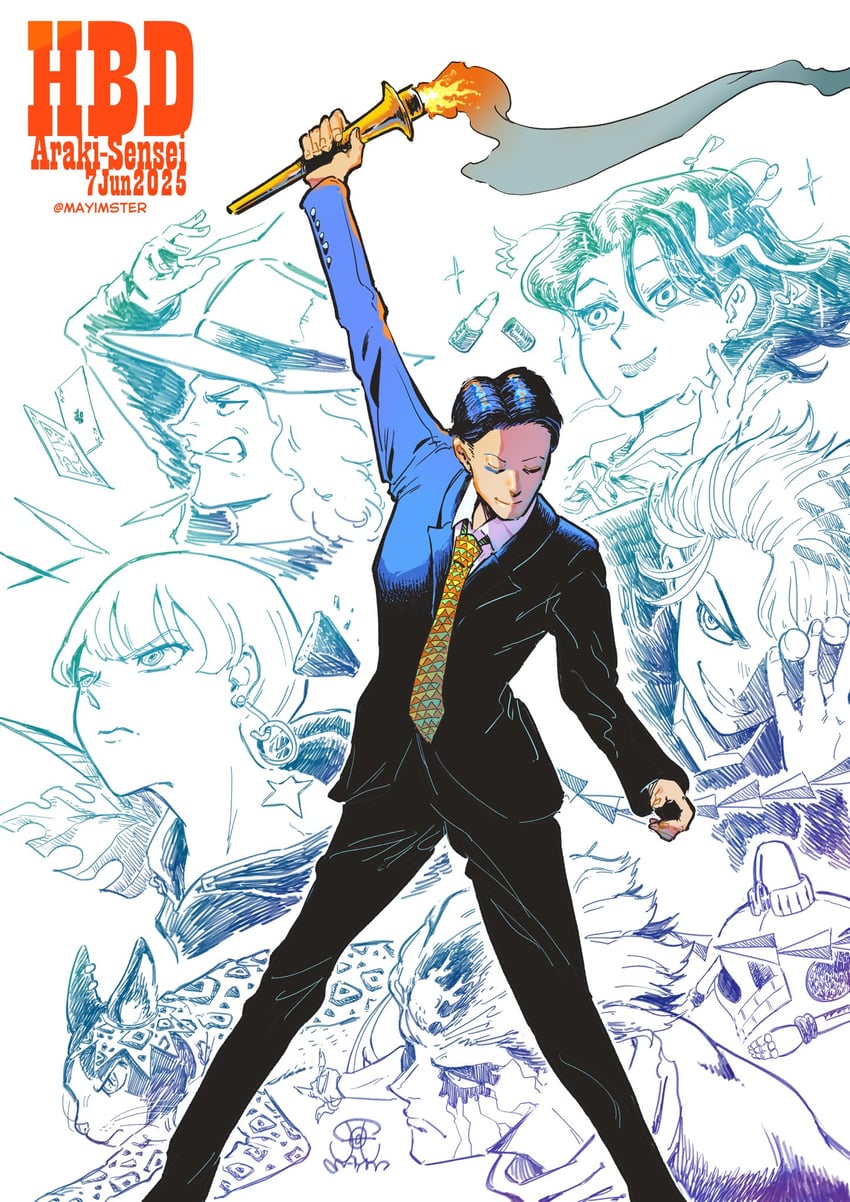 jodio joestar, baoh, araki hirohiko, bt, irene rapona, and 2 more (jojo no kimyou na bouken and 7 more) drawn by mayimster