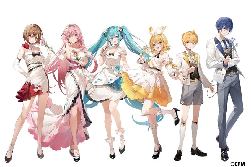 hatsune miku, kagamine rin, kagamine len, megurine luka, kaito, and 1 more (vocaloid) drawn by kanda_done