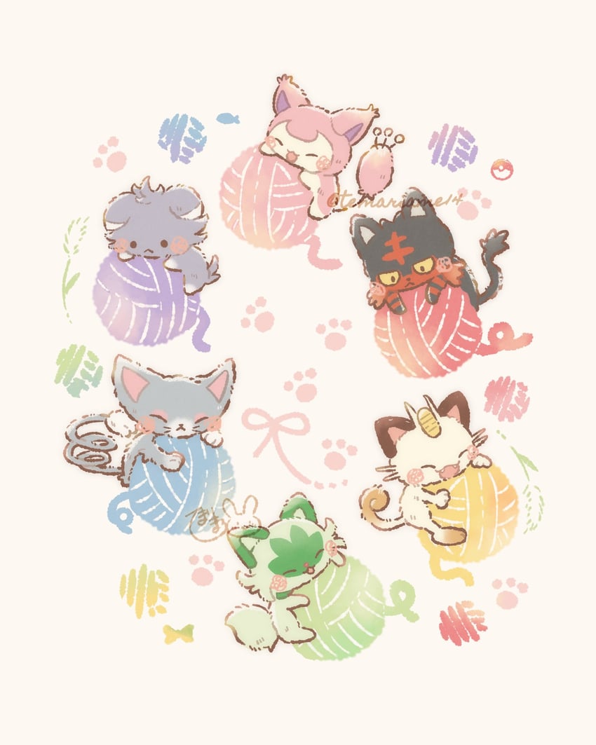 sprigatito, meowth, litten, skitty, espurr, and 1 more (pokemon) drawn by temariame14