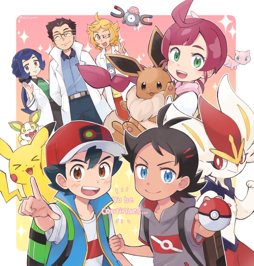 pikachu, ash ketchum, eevee, magnemite, mew, and 7 more (pokemon and 1 more) drawn by pokesumomo