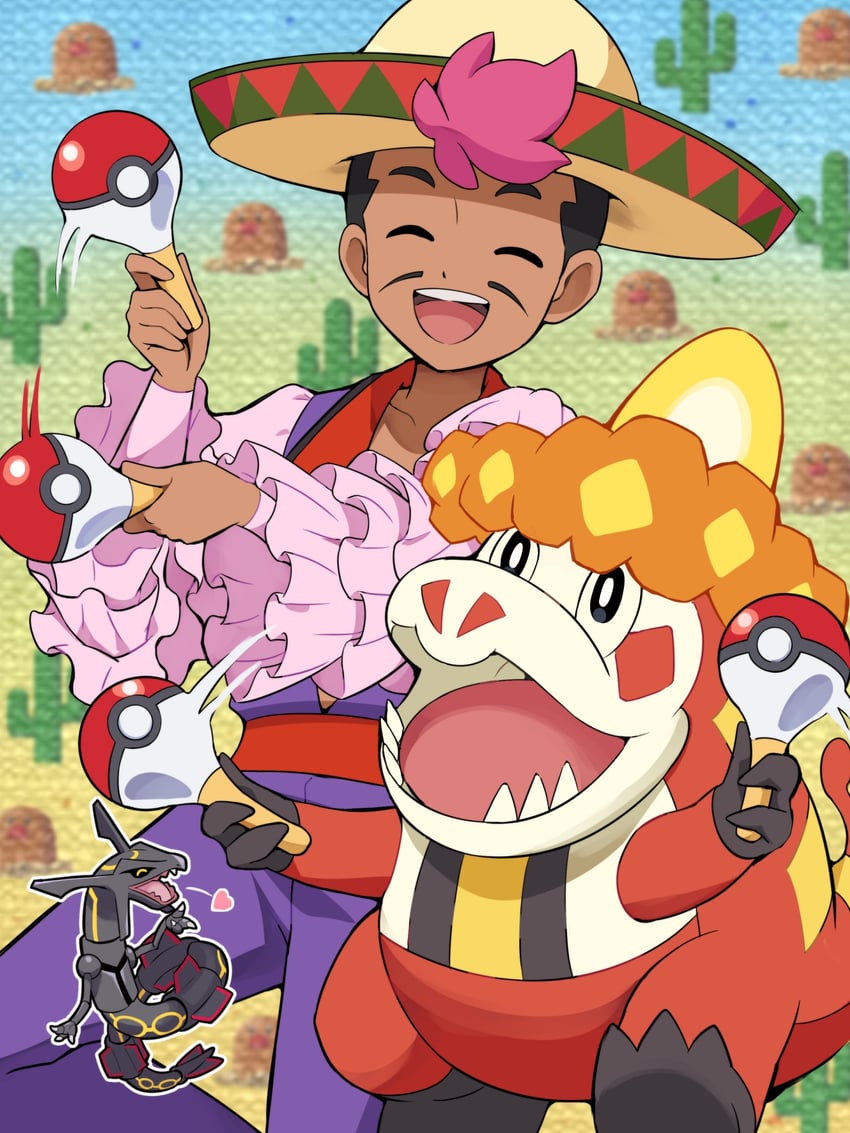 rayquaza, brock, roy, and crocalor (pokemon and 1 more) drawn by pokemoa