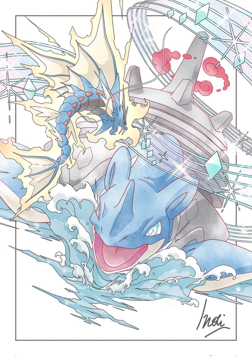 lapras, gyarados, mega gyarados, and gigantamax lapras (pokemon) drawn by inori_(pokemoart)