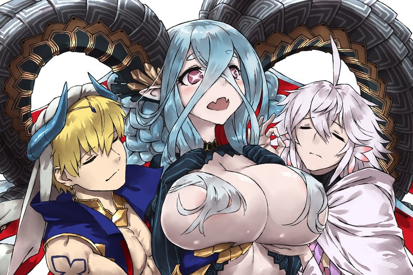 merlin, gilgamesh, and tiamat (fate and 2 more) drawn by haraya_manawari