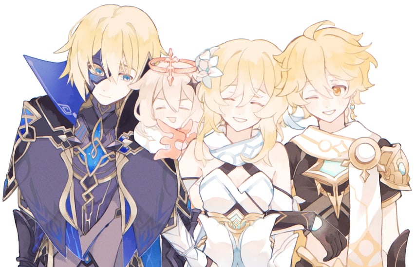 lumine, aether, paimon, and dainsleif (genshin impact) drawn by kun_(user_ahgn2825)