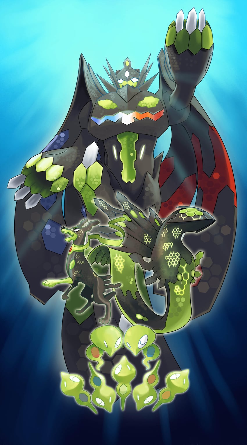 zygarde, zygarde core, and zygarde cell (pokemon) drawn by zacharybla