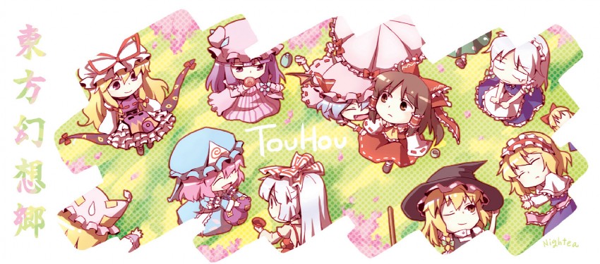 hakurei reimu, kirisame marisa, remilia scarlet, izayoi sakuya, konpaku youmu, and 7 more (touhou) drawn by nightea