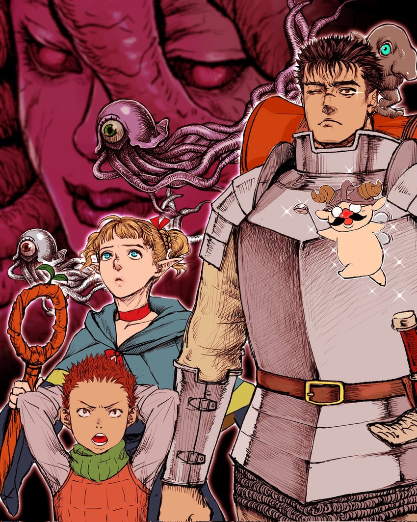 marcille donato, laios touden, senshi, chilchuck tims, guts, and 4 more (dungeon meshi and 1 more) drawn by nisino2222