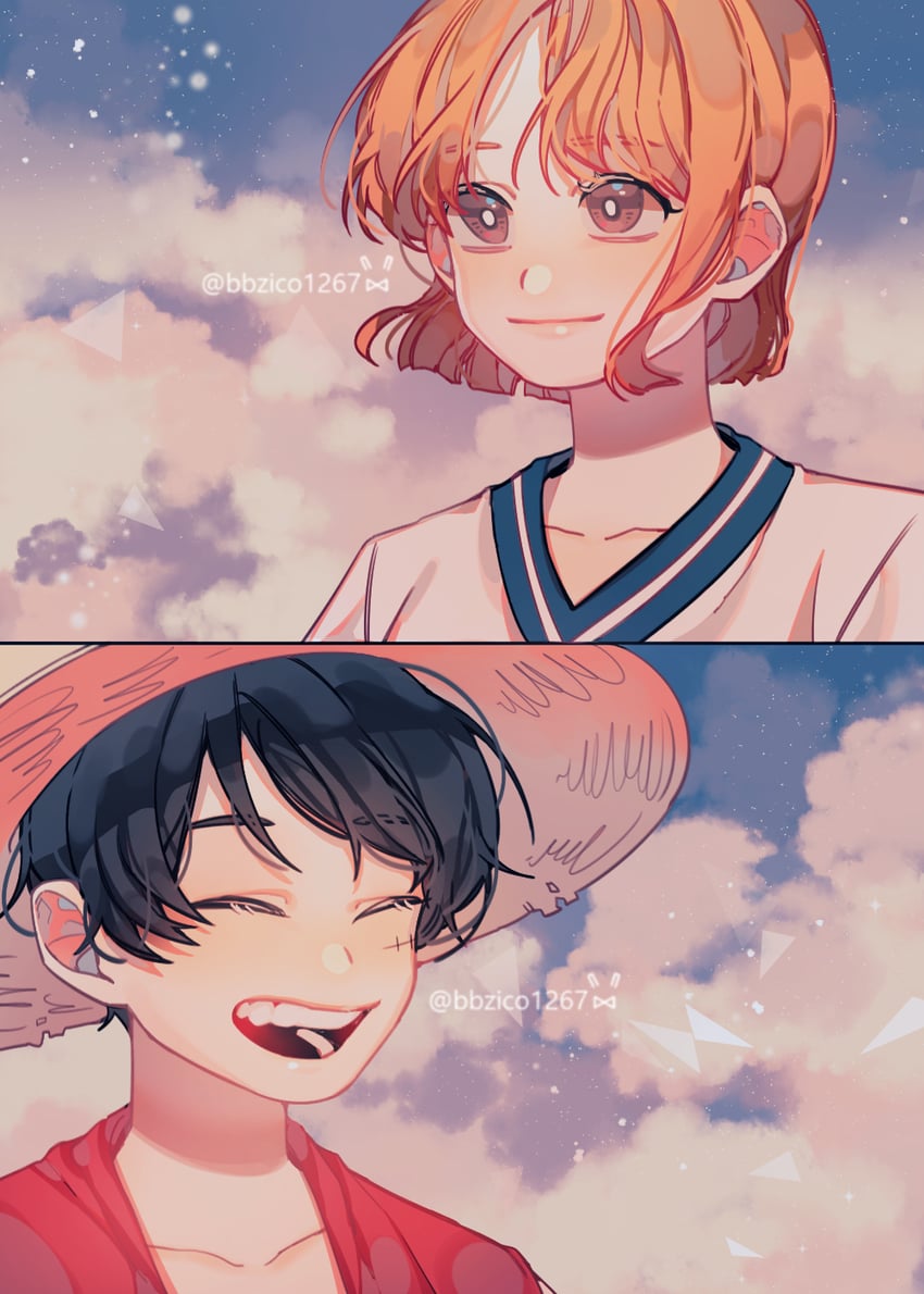 nami and monkey d. luffy (one piece) drawn by bbzico1267