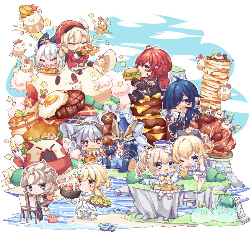 lumine, paimon, klee, barbara, jean, and 8 more (genshin impact) drawn by iran_stn