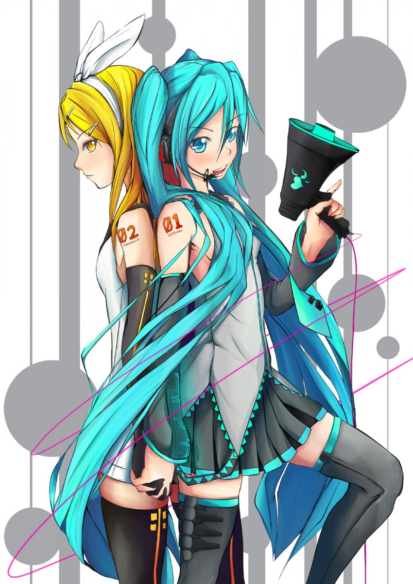 hatsune miku and kagamine rin (vocaloid and 2 more) drawn by kunno