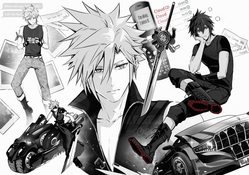 cloud strife, noctis lucis caelum, prompto argentum, and fenrir (final fantasy and 3 more) drawn by aries20770321