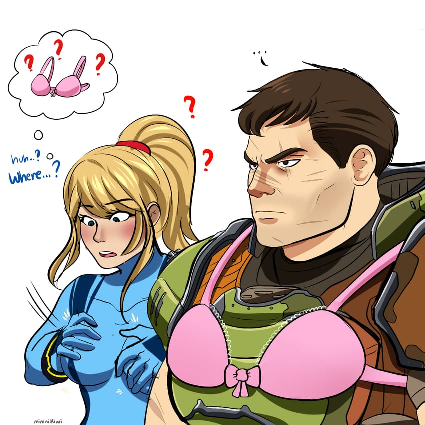 samus aran and doomguy (metroid and 2 more) drawn by mininikiwi