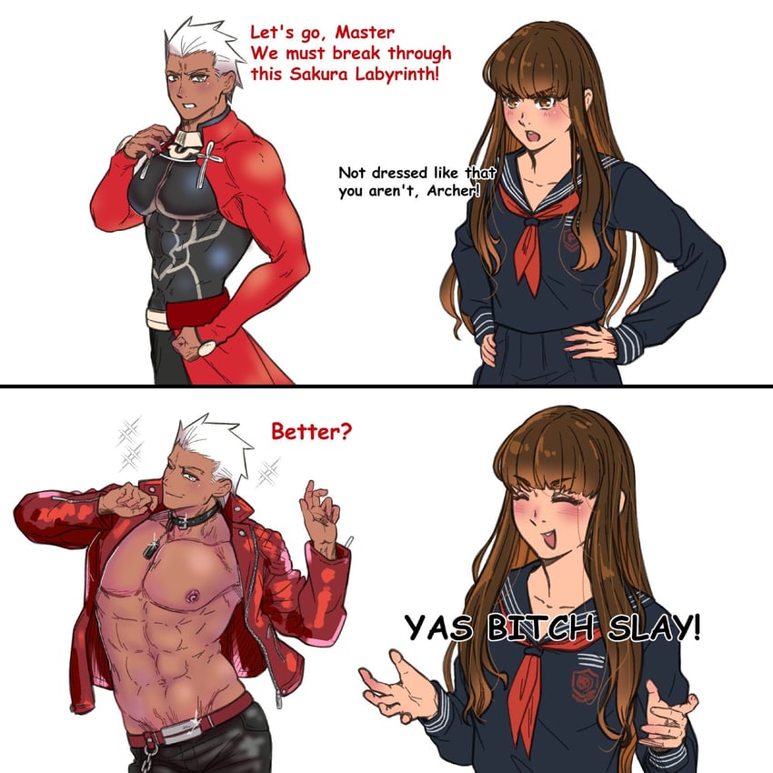 kishinami hakuno and archer (fate and 2 more) drawn by honeypeach29