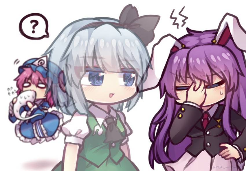 konpaku youmu, reisen udongein inaba, and saigyouji yuyuko (touhou) drawn by unime_seaflower