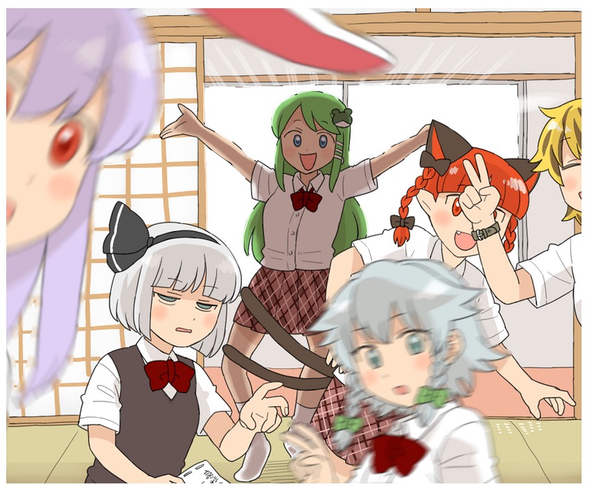 izayoi sakuya, kochiya sanae, konpaku youmu, reisen udongein inaba, kaenbyou rin, and 1 more (touhou) drawn by koyama_shigeru