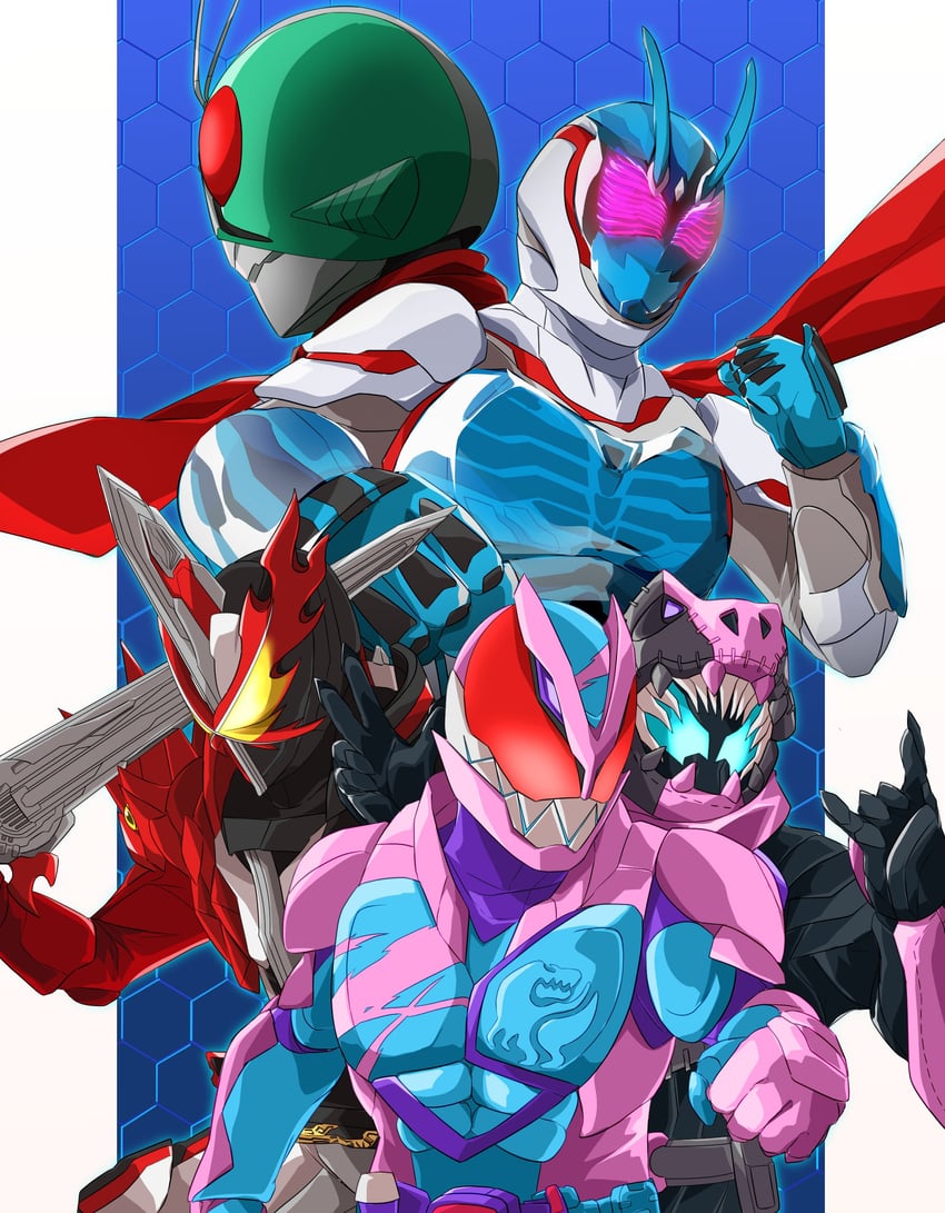 kamen rider 1, kamen rider revi, kamen rider vice, kamen rider saber, and kamen rider century (kamen rider and 3 more) drawn by miyabi_(037)